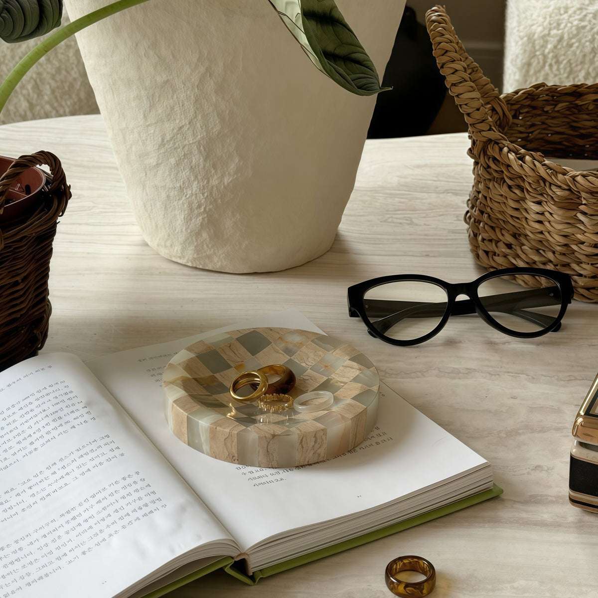 Jewelry organizer tray in beige and cream stone mosaic, handmade round design for Affordable Luxury storage