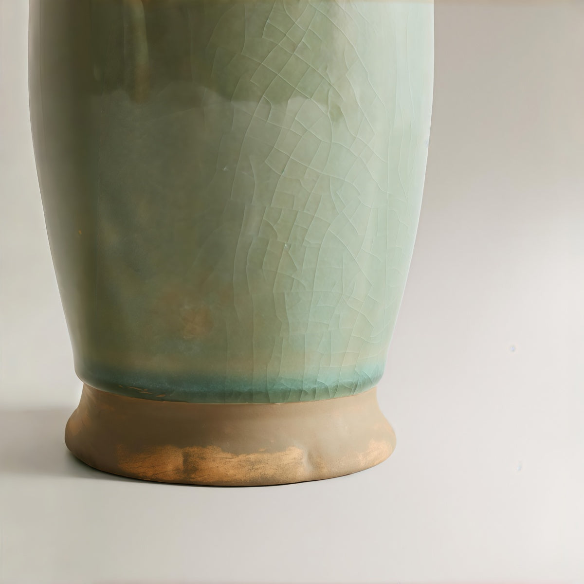 Vintage Green Crackle-Glaze Ceramic Set, featuring a pale green ceramic vessel with crackled finish and sculpted tan base