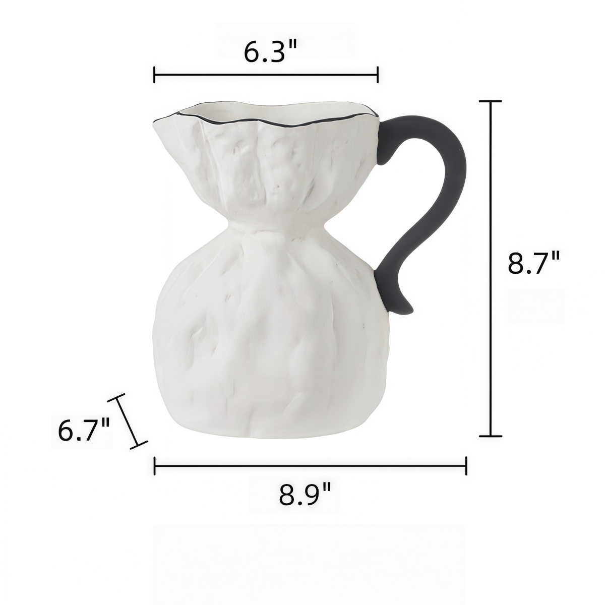 Irregular Ceramic Vase in white ceramic, featuring a textured organic body, wavy rim and contrasting black curved handle
