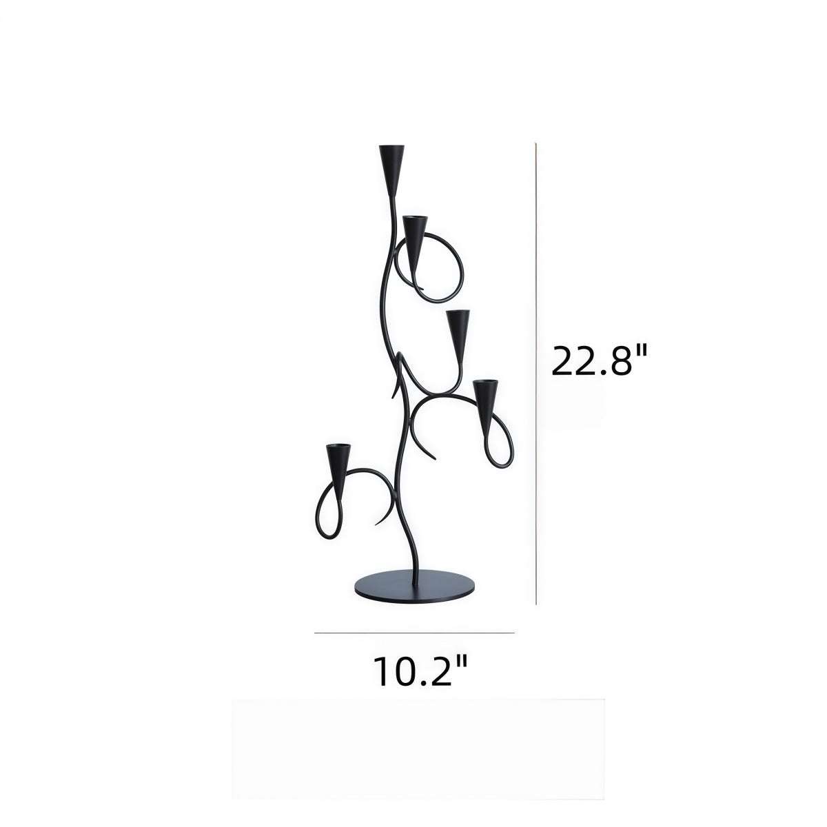 Black Wrought Iron candle holder in a tall branch-shaped design with four curled candle cups and round base