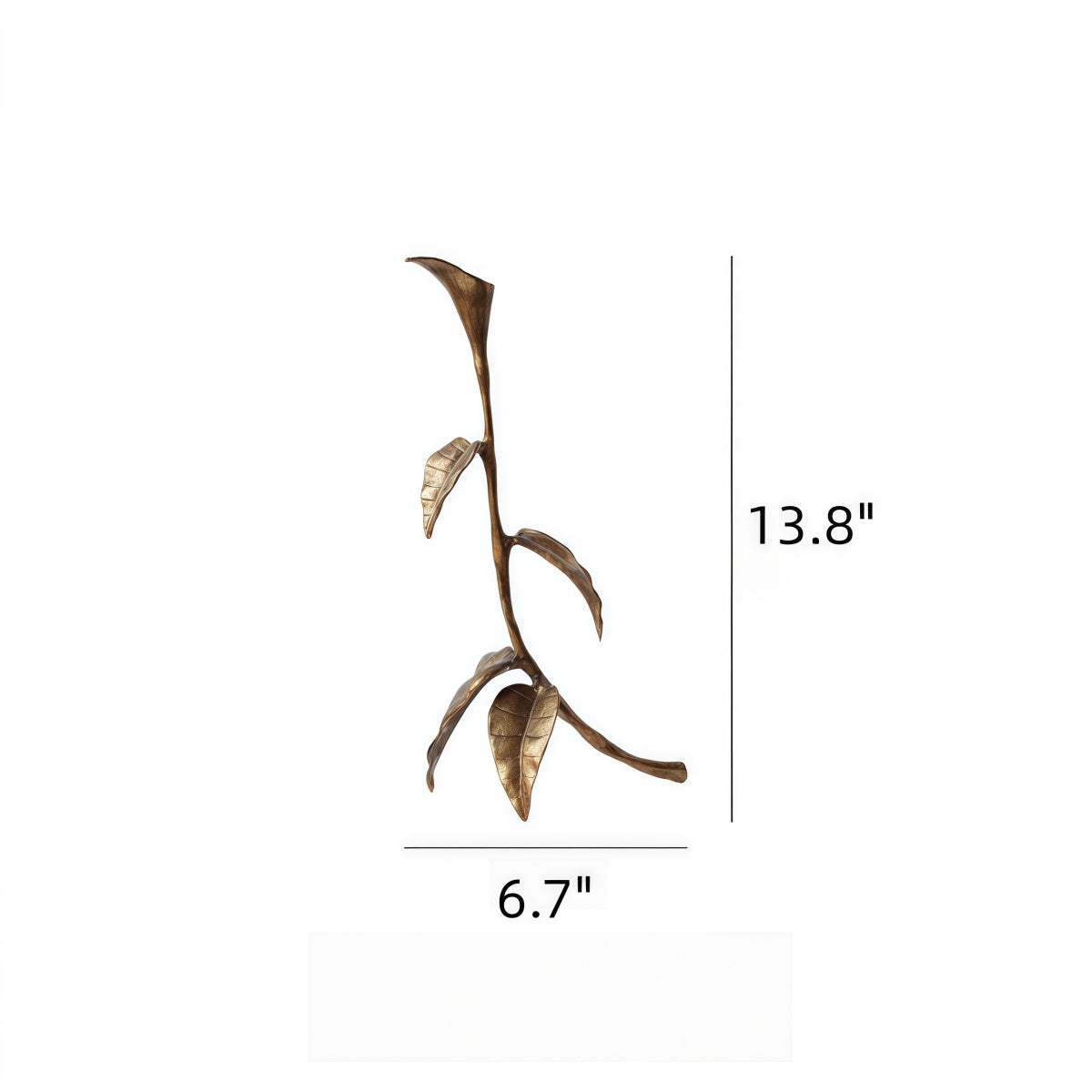 Cast Bronze Calla Lily candle holder in sculptural metal, featuring a slender stem and curved leaves, 13.8 inches tall
