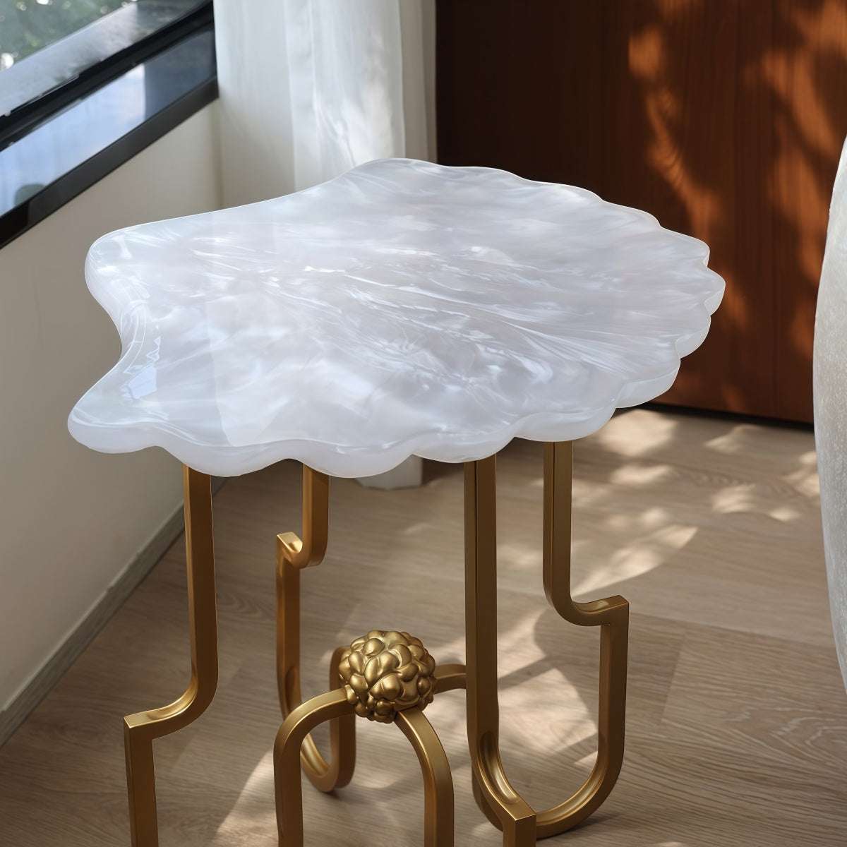 French Vintage-Style shell side table with pearlescent white resin top and sculptural gold metal legs