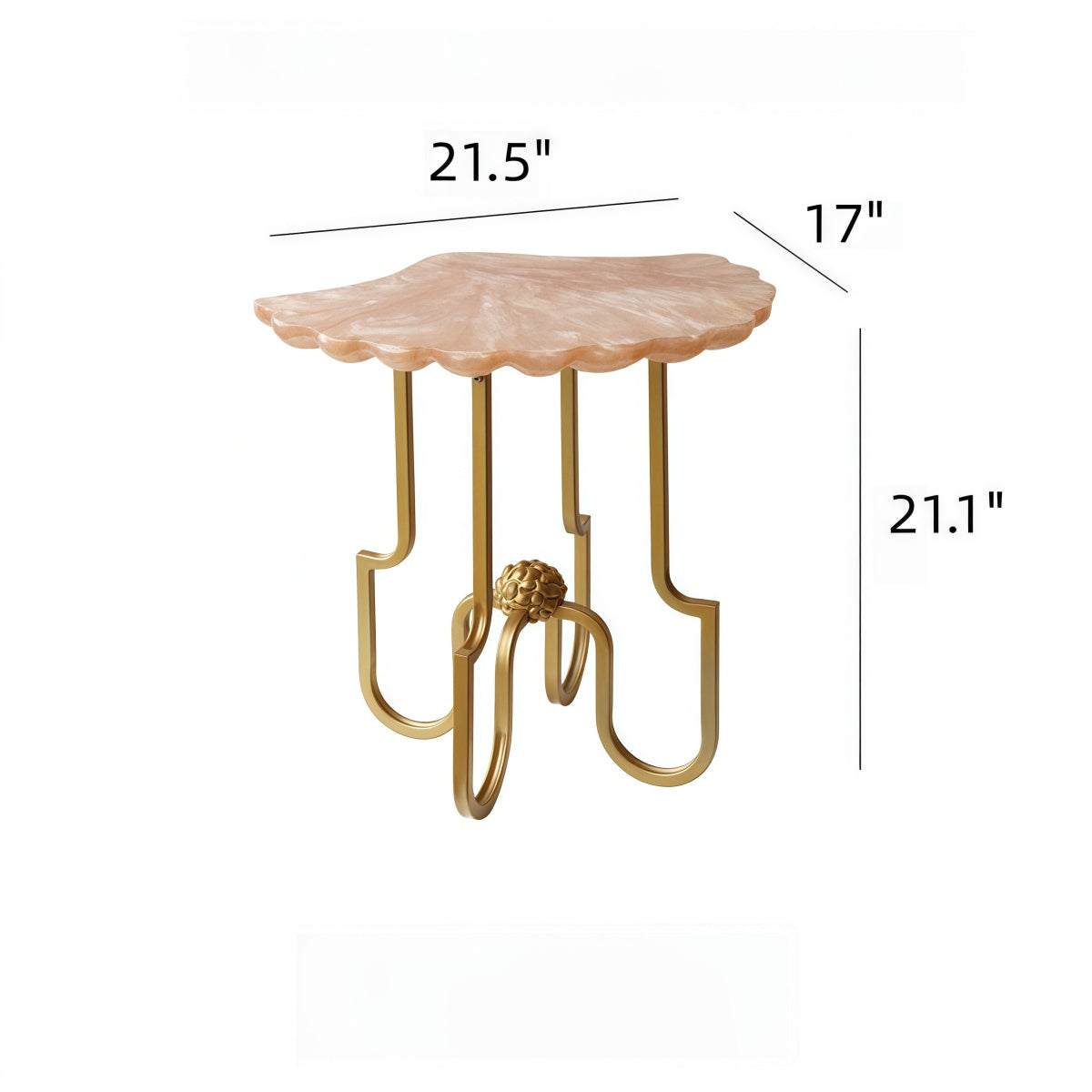 French Vintage-Style shell side table with pearlescent pink resin top and ornate gold metal legs