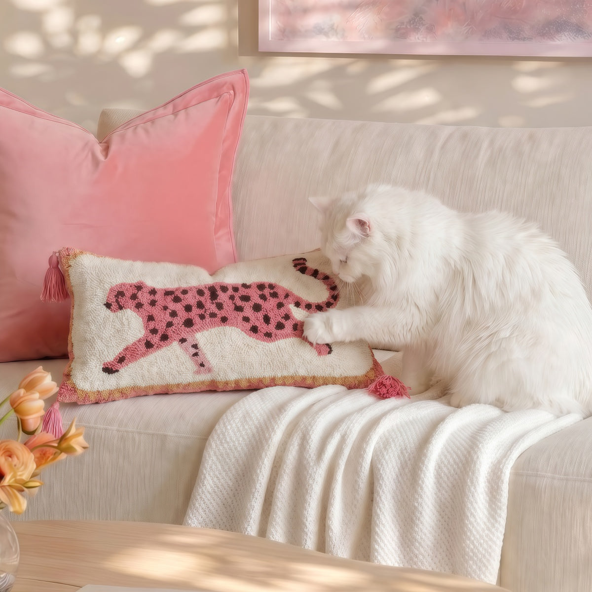 Lumbar throw pillow in French-Style Pink Leopard-Pattern, cream boucle cover with pink spotted animal motif and tassels.