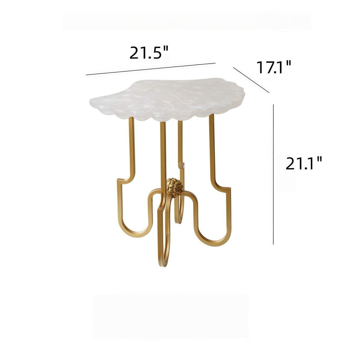 French Vintage-Style resin shell side table with translucent white scalloped top and ornate gold metal legs