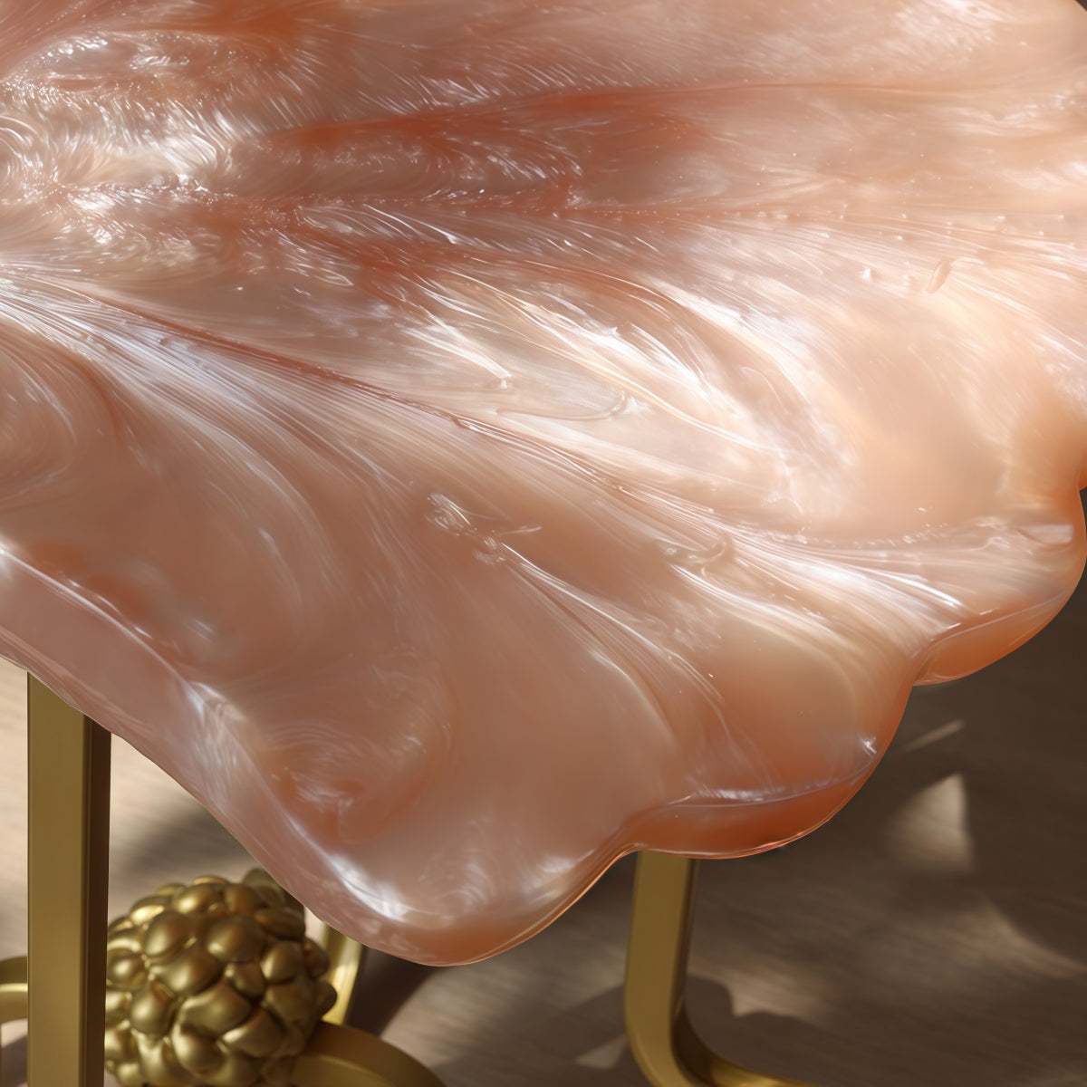 French Vintage-Style side table with translucent coral pink resin shell top and slim gold metal legs