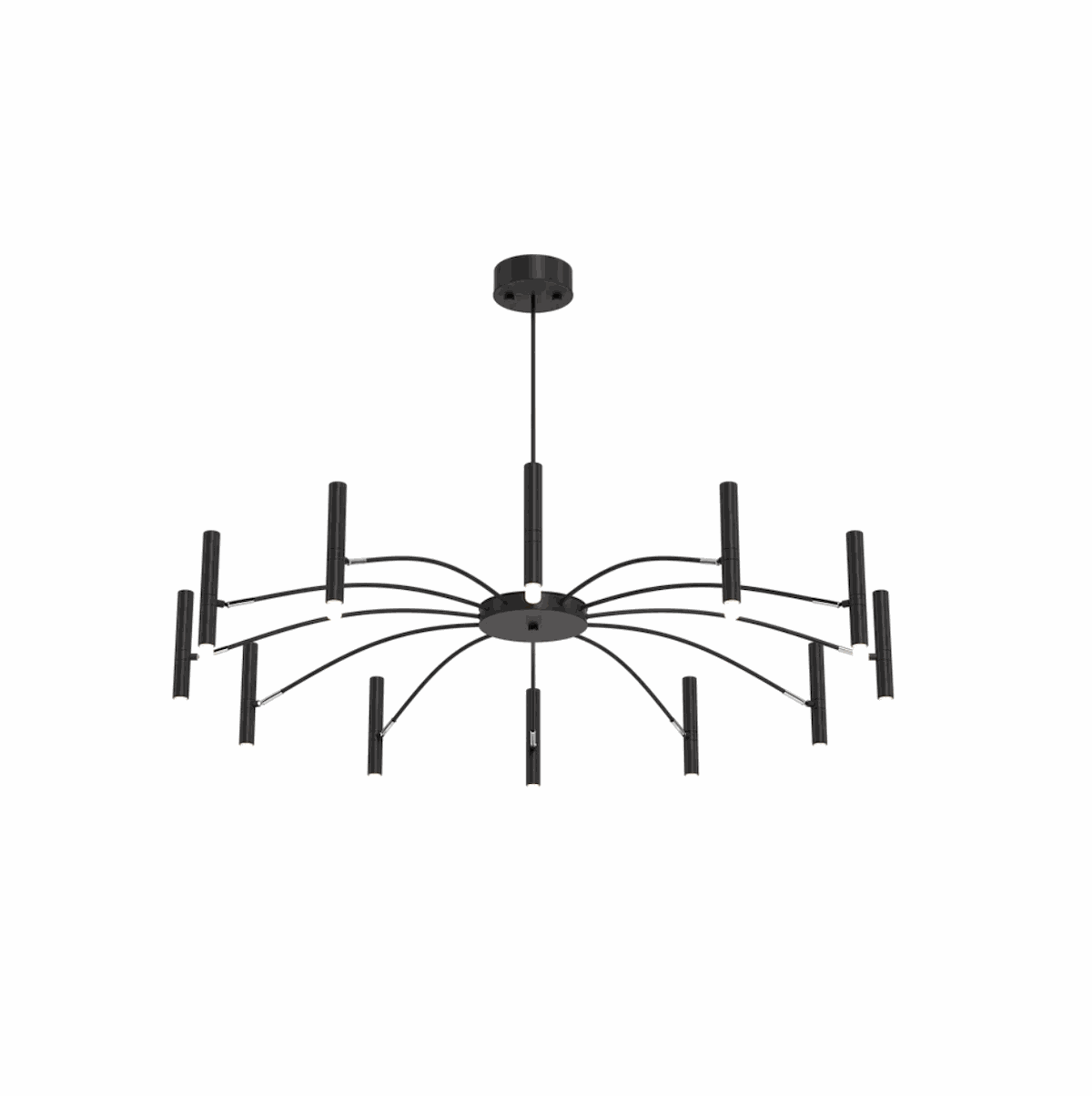 Modern black dining room chandelier with 12 adjustable candle-style LED lights and dimmer compatibility