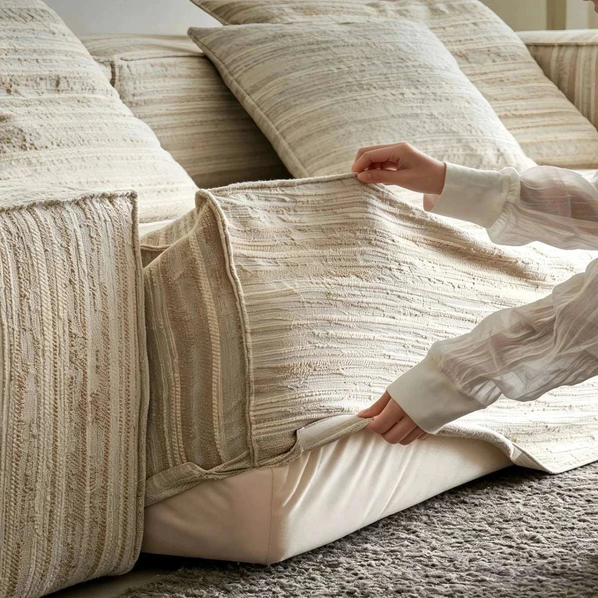 Chenille fabric modular straight sofa with double-sided washable covers in minimalist living room setting