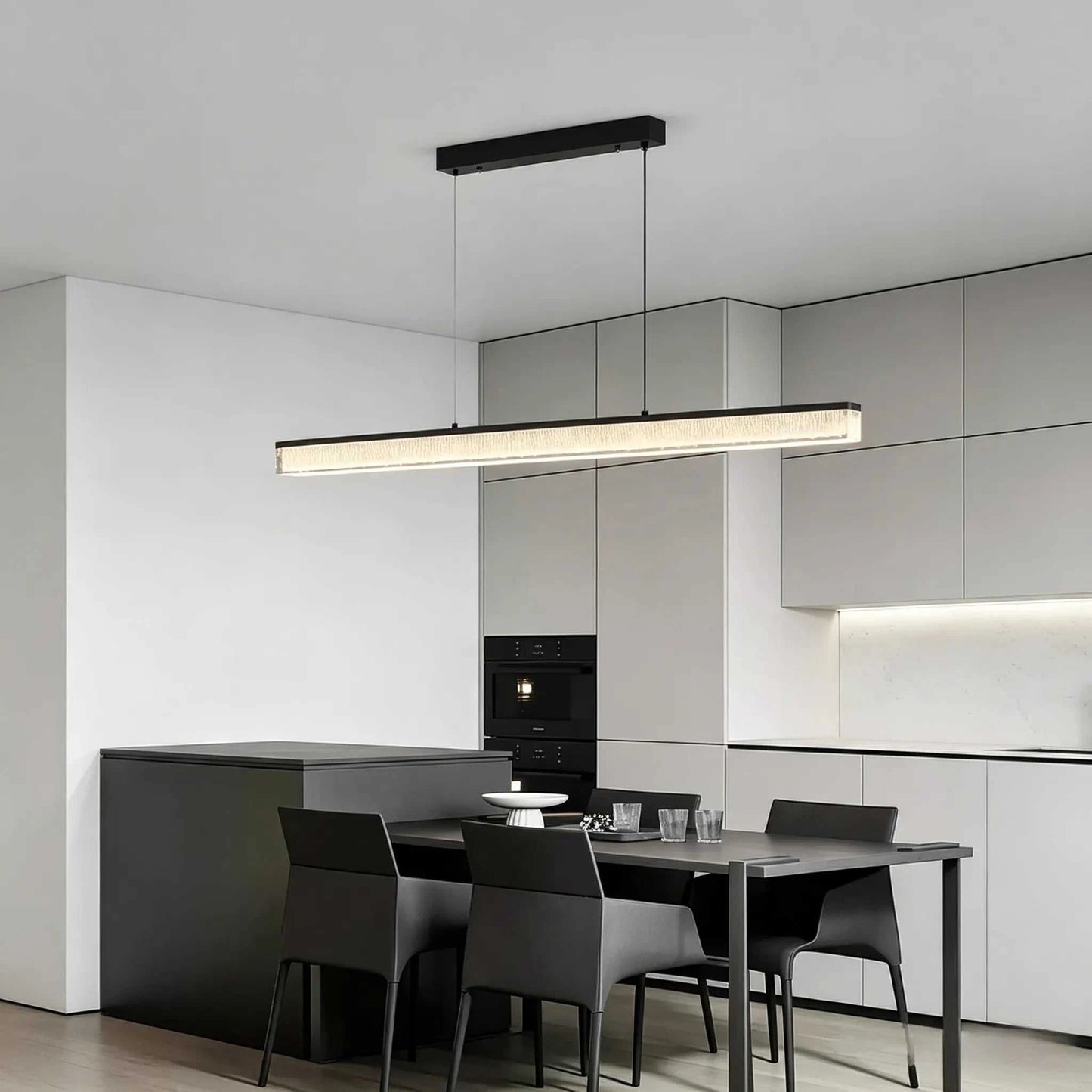 Italian minimal adjustable linear pendant lamp with matte black iron frame and acrylic shade over dining table