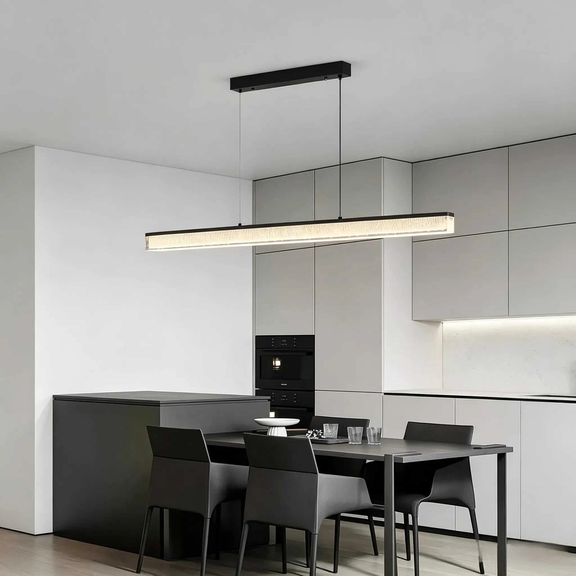 Italian minimal adjustable linear pendant lamp with matte black iron frame and acrylic shade over dining table