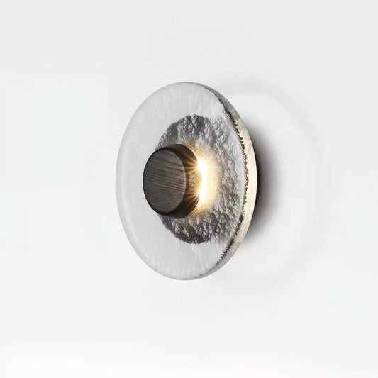 Vintage handcrafted glass wall light with rippled texture and white wax wood accents