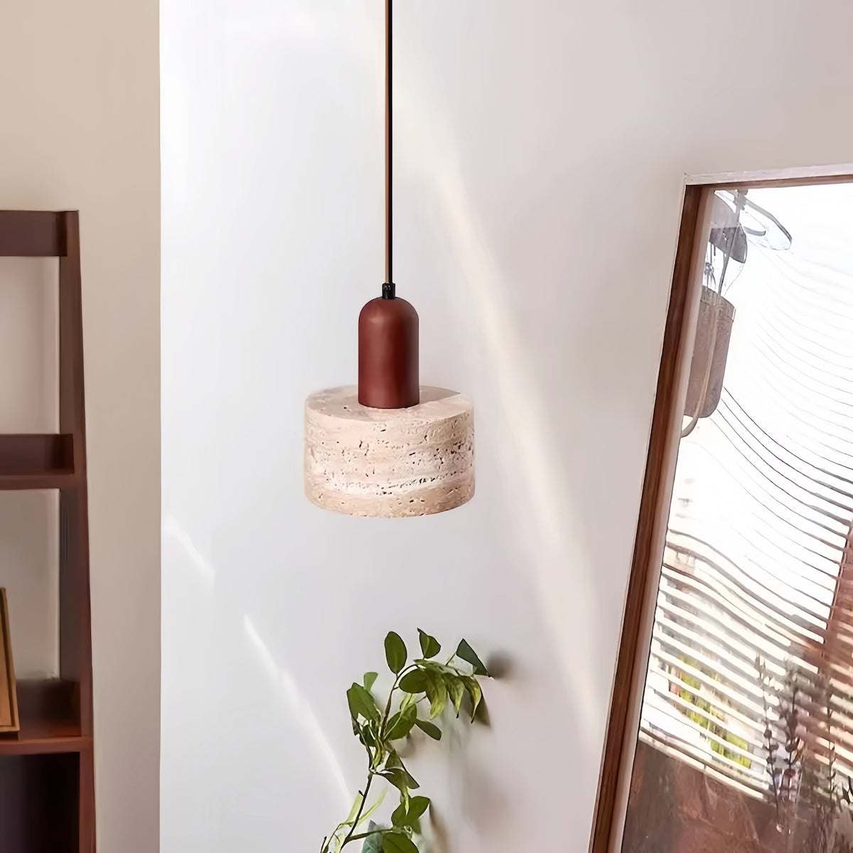 Mid-century cream adjustable mini pendant light with wood and stone accents for cozy small spaces