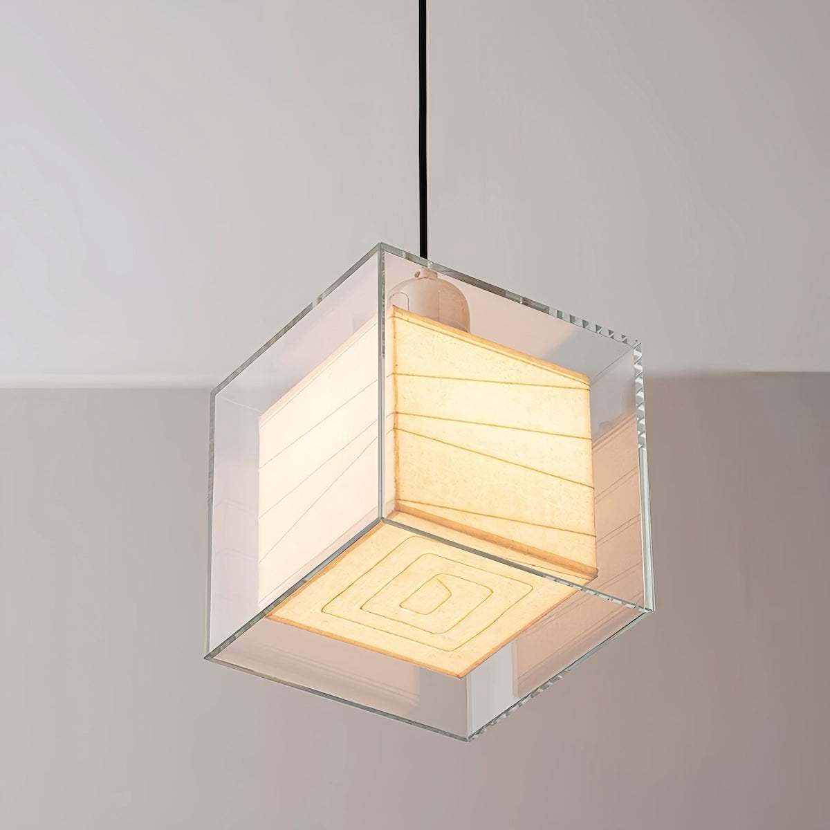 Square rice paper pendant light with chrome frame and adjustable cord for bedroom bedside ambient lighting