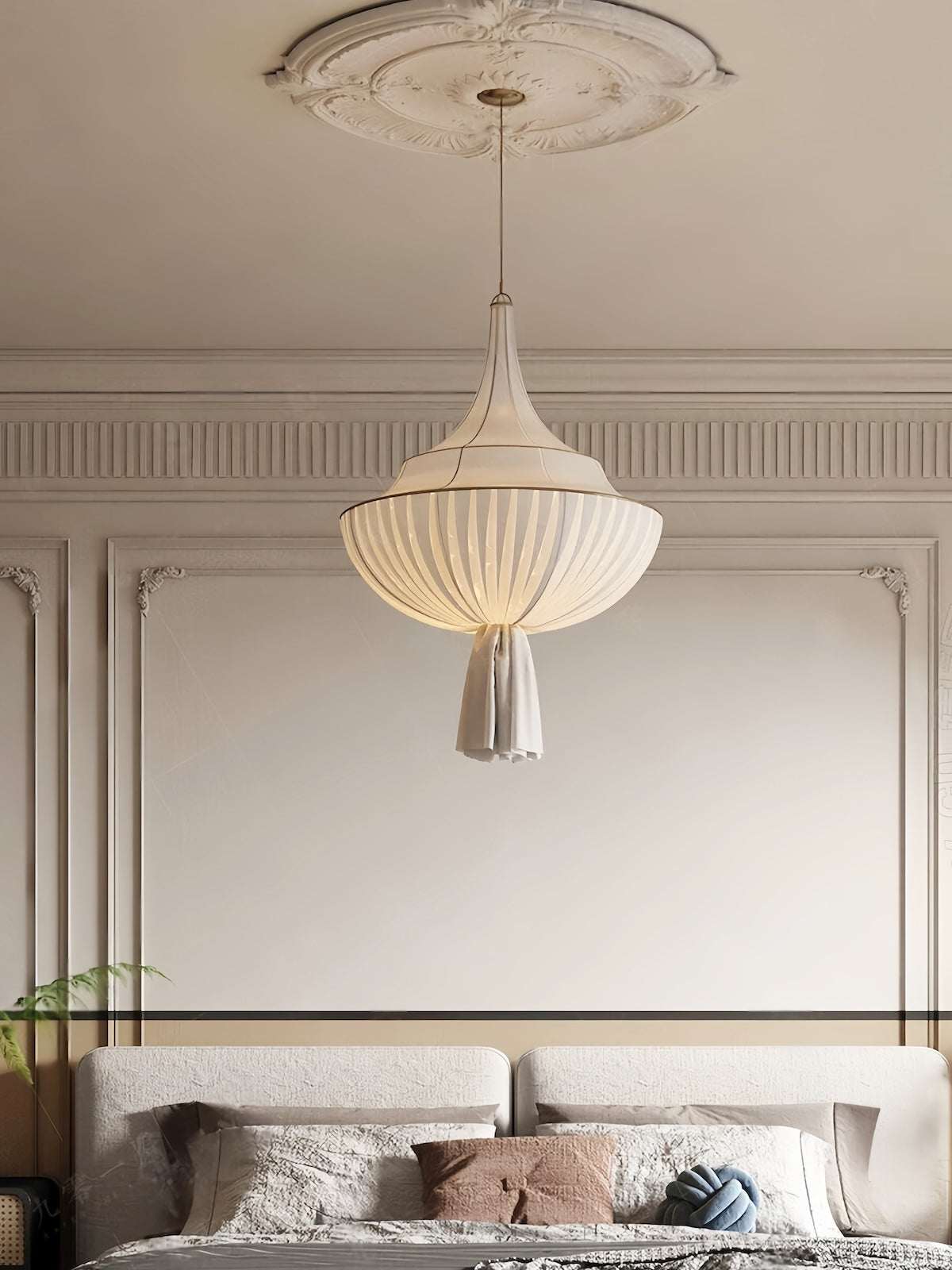 French Vintage Fabric Chandelier fish-line pendant with soft fabric shade and warm LED light