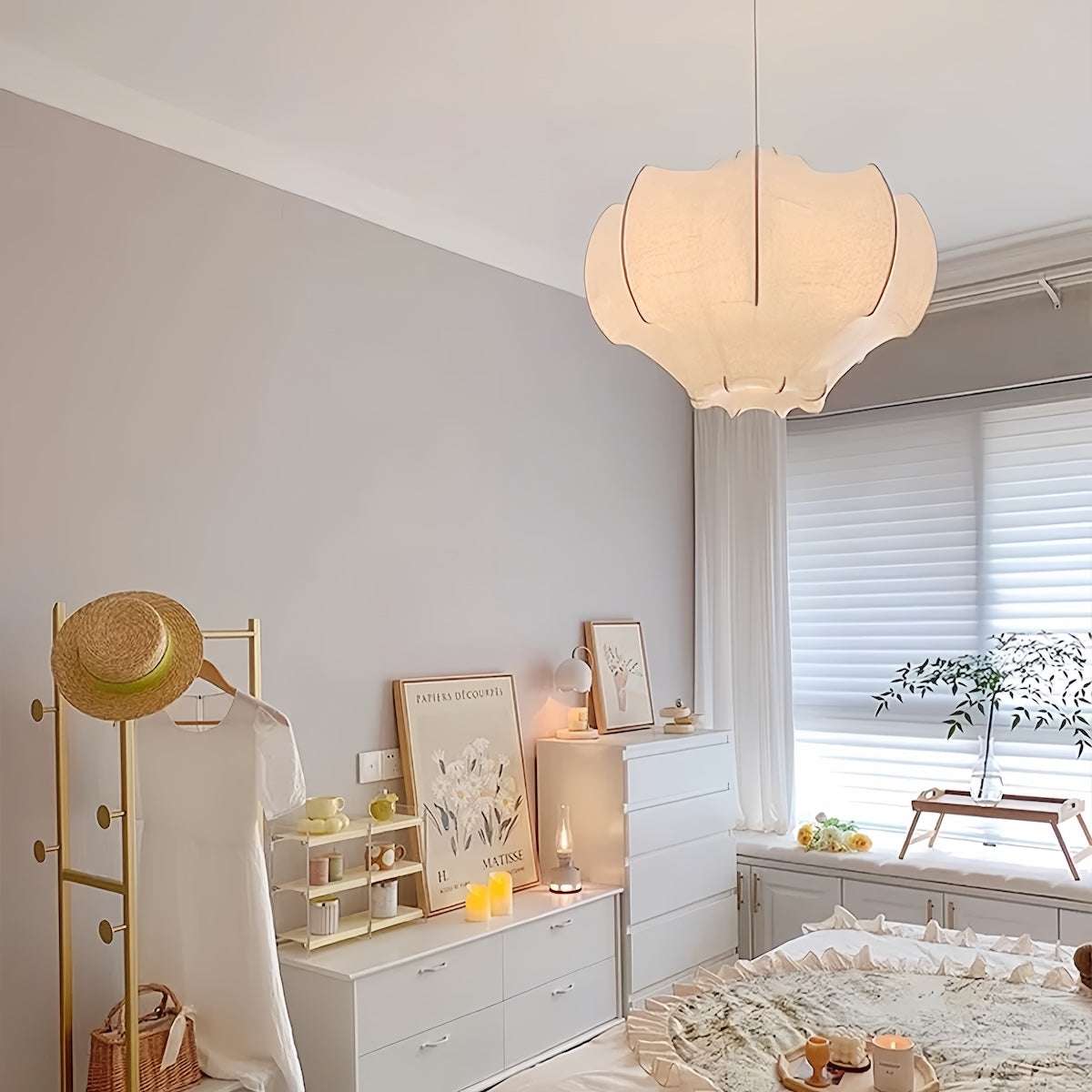 Bedroom silk pendant light with vintage French design and soft warm glow