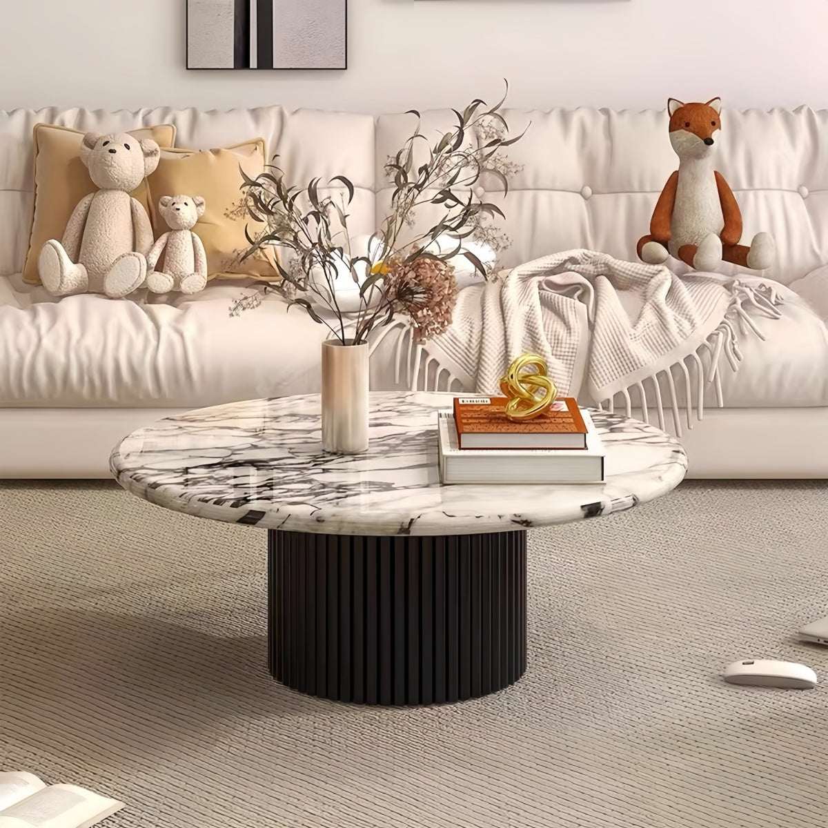 Marble coffee table with round marble-textured top and grooved cylindrical base in light luxury Italian design