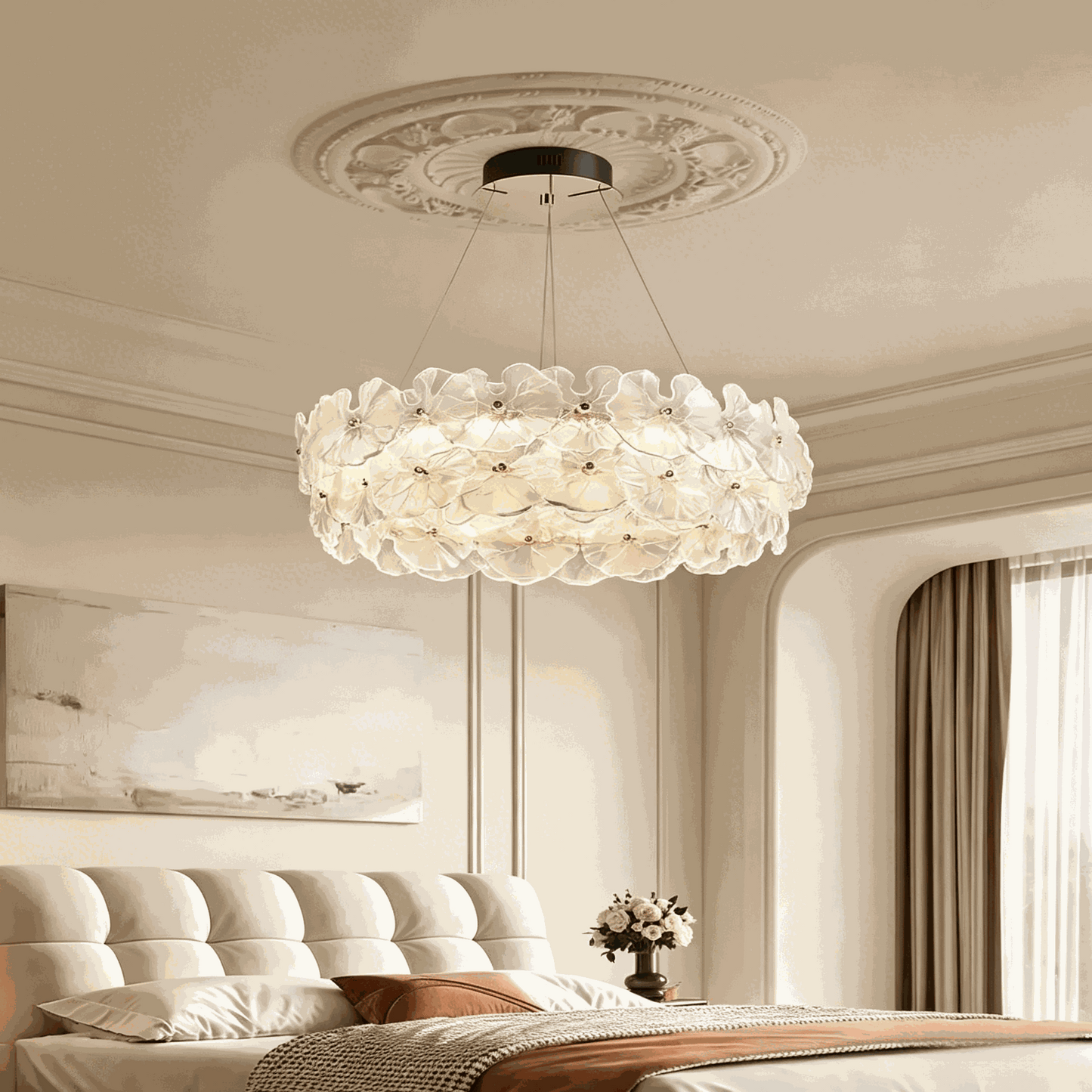 French luxury designer ceiling light with layered petal glass shades and adjustable LED lighting in modern minimalist style