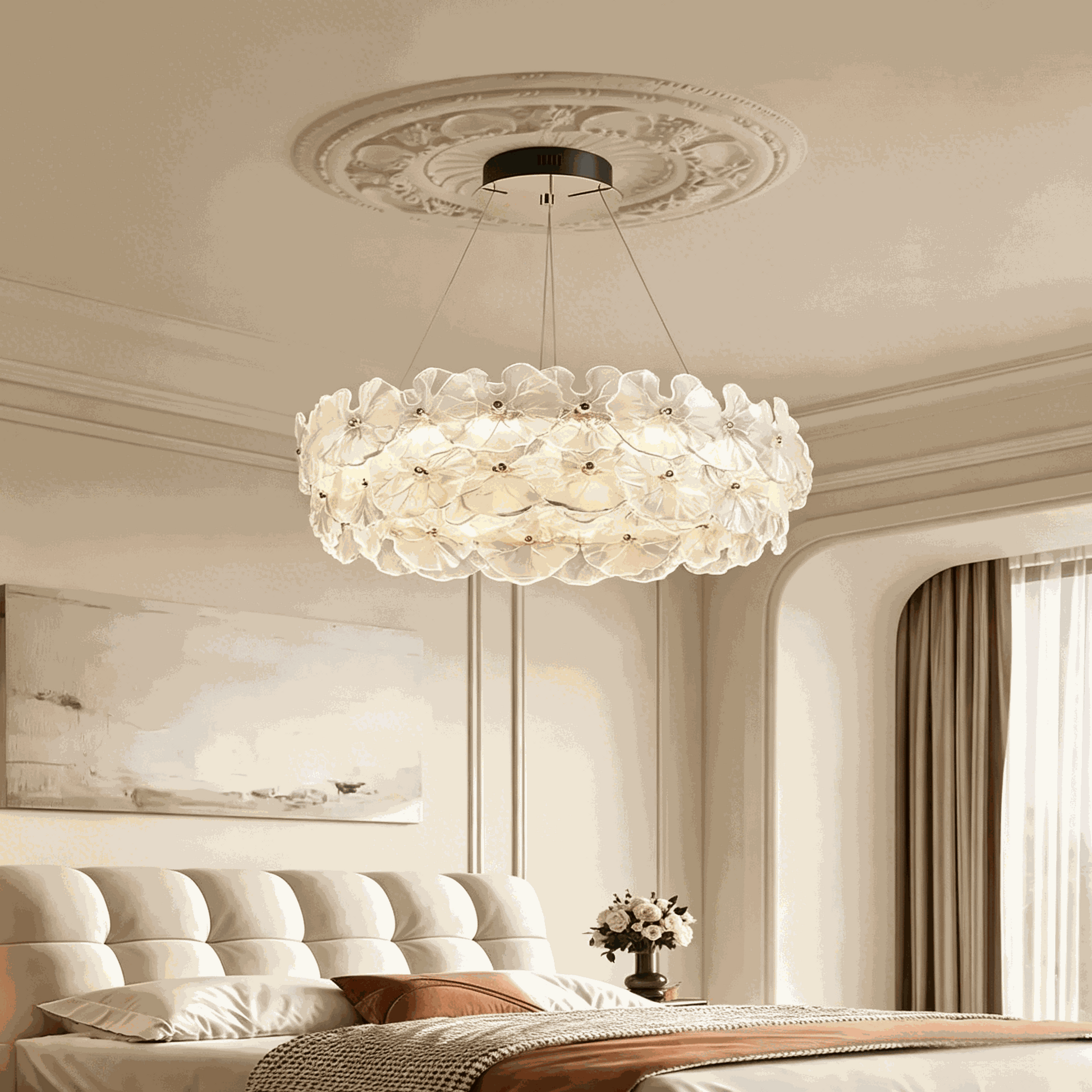 French luxury designer ceiling light with layered petal glass shades and adjustable LED lighting in modern minimalist style