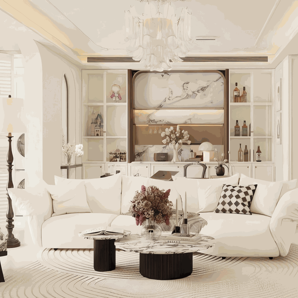 Round marble coffee table with elegant veined tabletop and grooved cylindrical base, ideal for modern living rooms