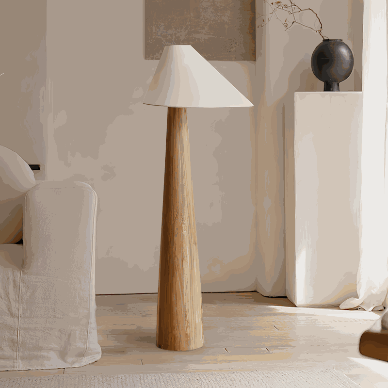 Wabi-Sabi solid wood floor lamp with fabric lampshade in vintage Japanese style for cozy living spaces