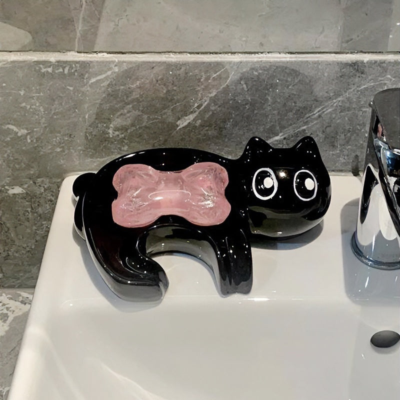 Ceramic cat soap dish with Siamese cat design and drainage grooves for bathroom countertop
