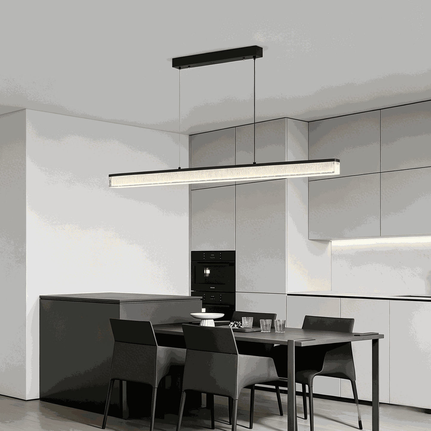 Italian minimalist adjustable linear pendant lamp with matte black painted iron frame and acrylic shade lighting a modern dining bar area