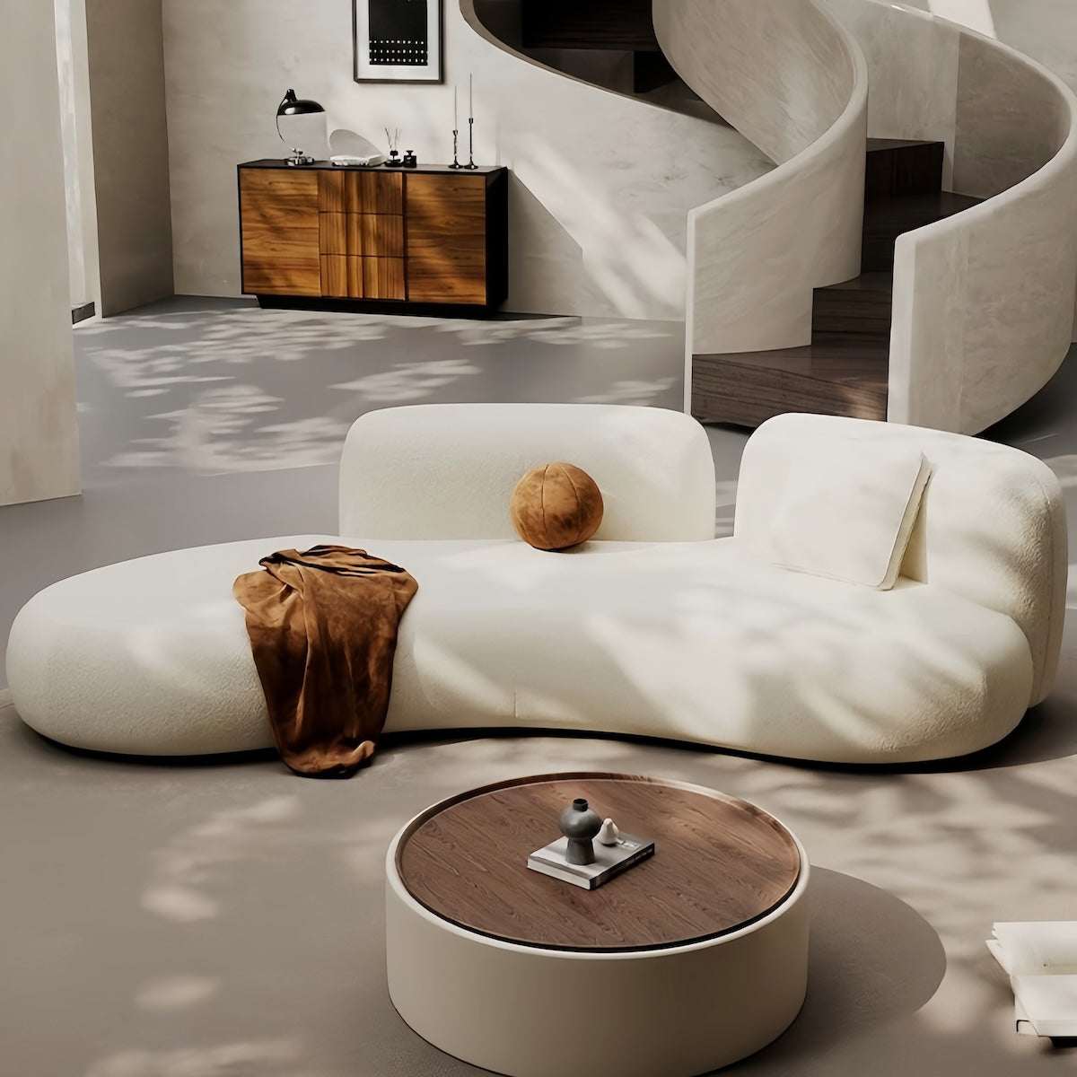 Cream Curved Sofa‑Retro Light Luxury Couch for Salon & Boutique Reception