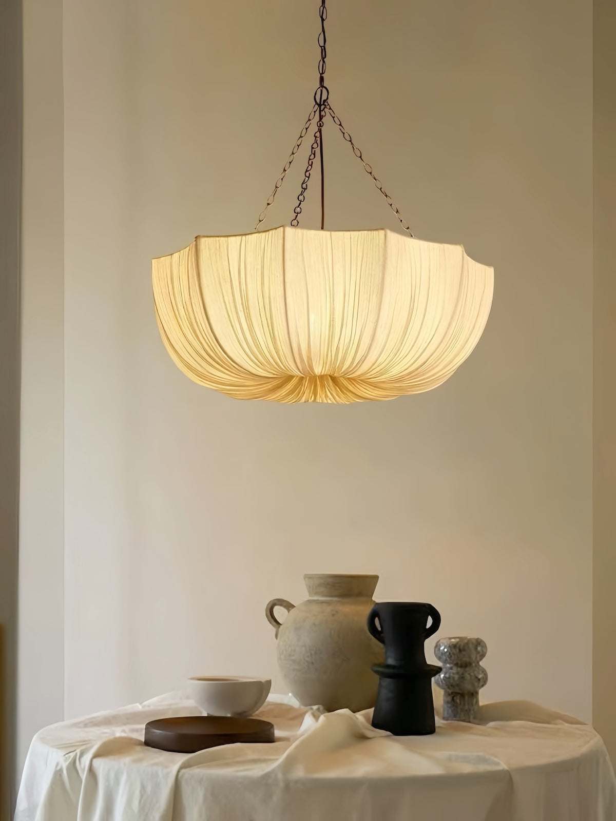 French vintage fabric pendant light with eco-friendly linen shade providing warm ambient lighting for living and dining spaces