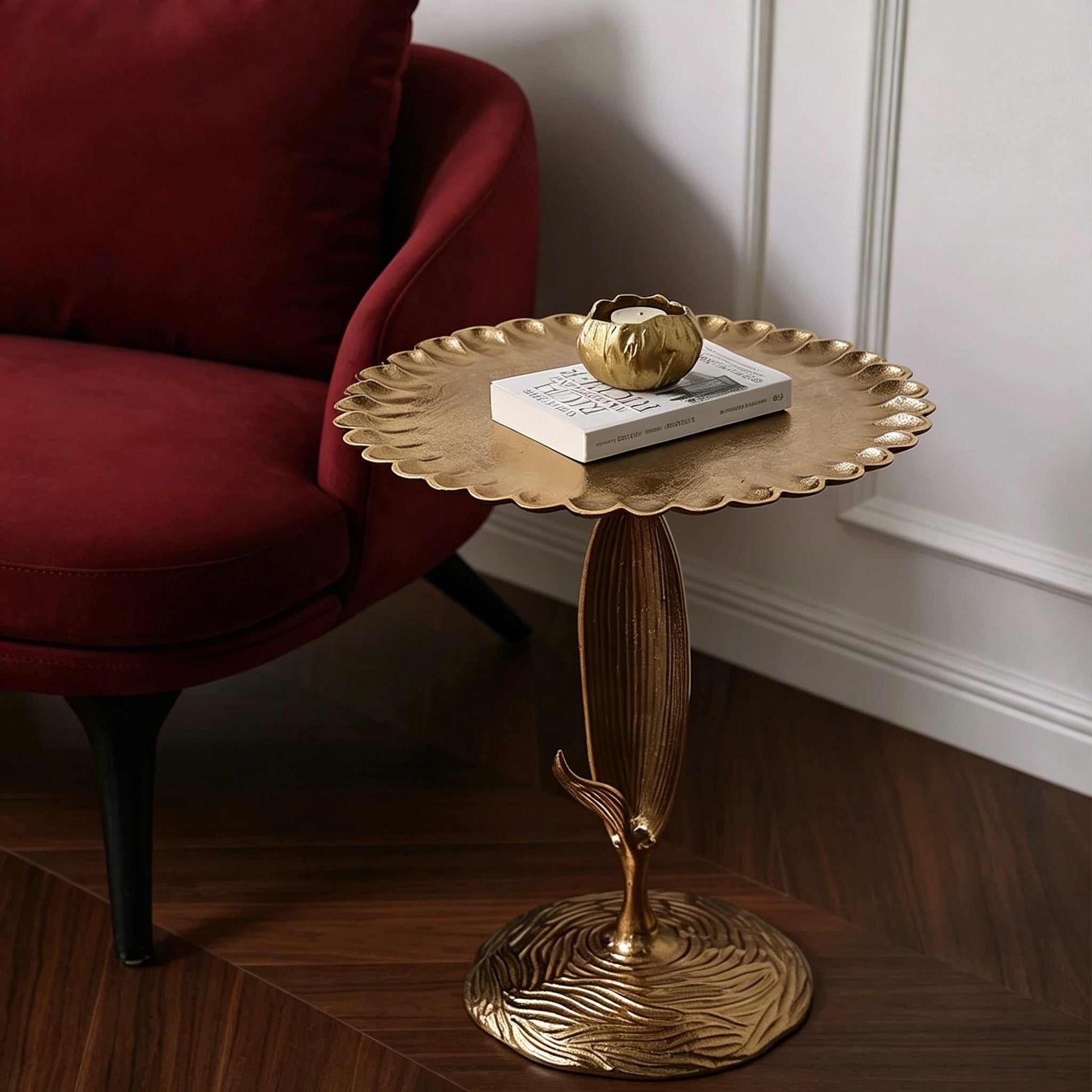 Luxury aluminum sofa side table with scalloped tabletop and leaf-shaped stem for bedroom and living room
