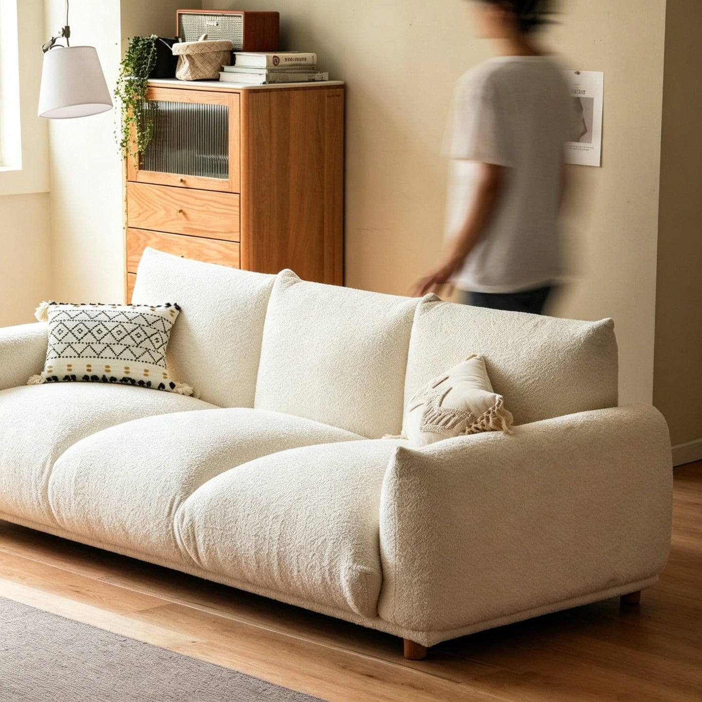 Japanese Wabi-Sabi cream U-shaped sofa with white faux lamb wool fabric and pine wood frame
