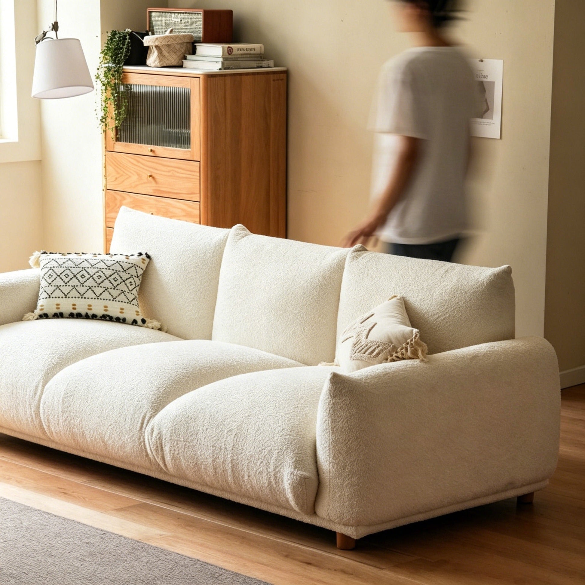 Japanese Wabi-Sabi cream U-shaped sofa with white faux lamb wool fabric and pine wood frame
