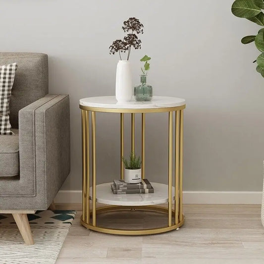 2-Tier White Marble Sofa Side Table for Home & Office - sparkle-decor.com