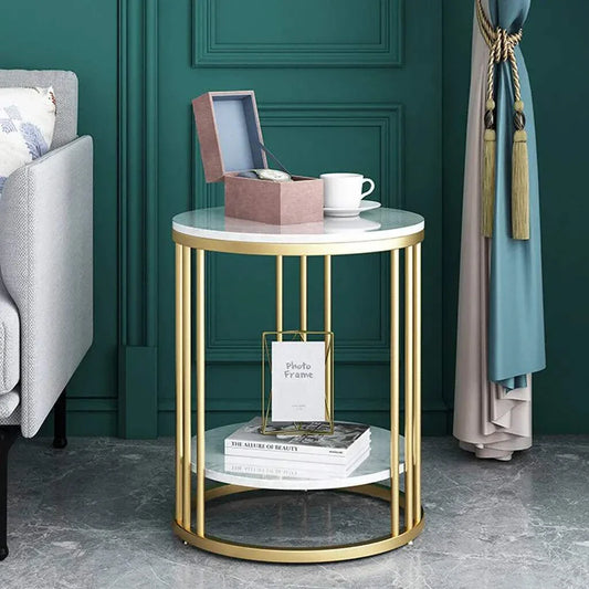 2-tier white marble sofa side table with golden metal frame in living room setting