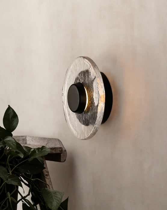 Vintage handcrafted glass wall lamp with white wax wood and warm LED lighting