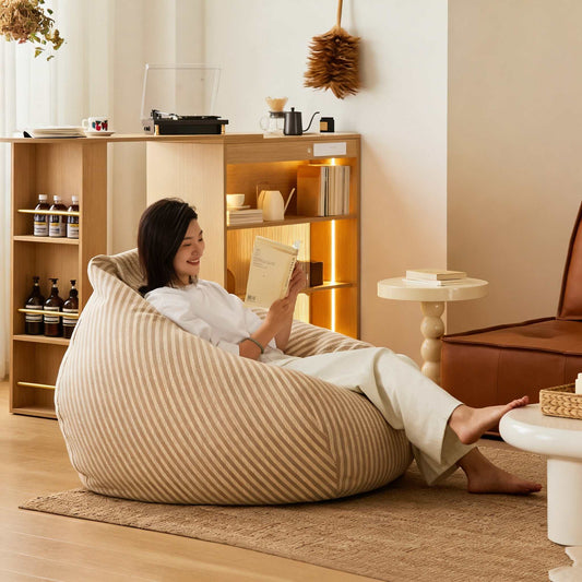 Japanese-style striped lazy sofa with matching footstool in cotton-linen fabric for bedroom and balcony reclining comfort