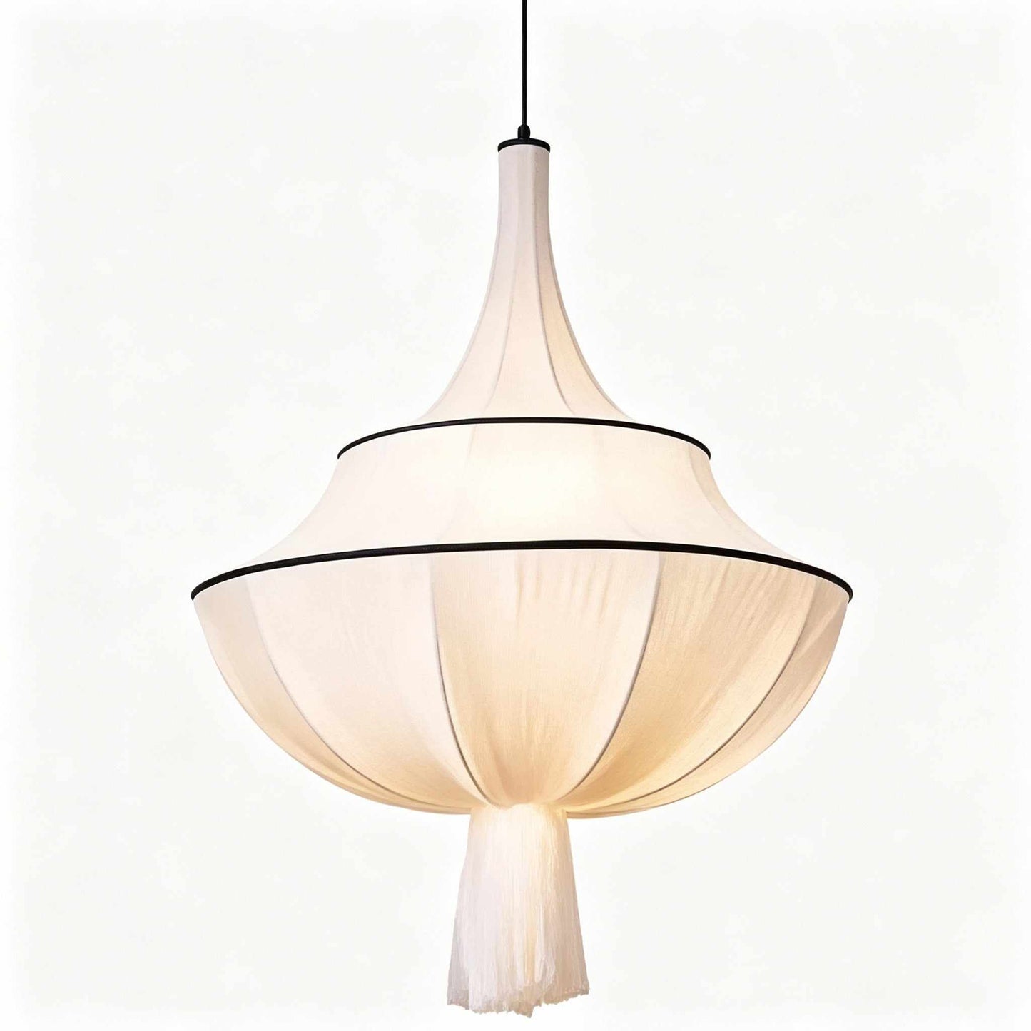 French Vintage Fabric Chandelier with LED fish-line pendant design in cream for living room and bedroom