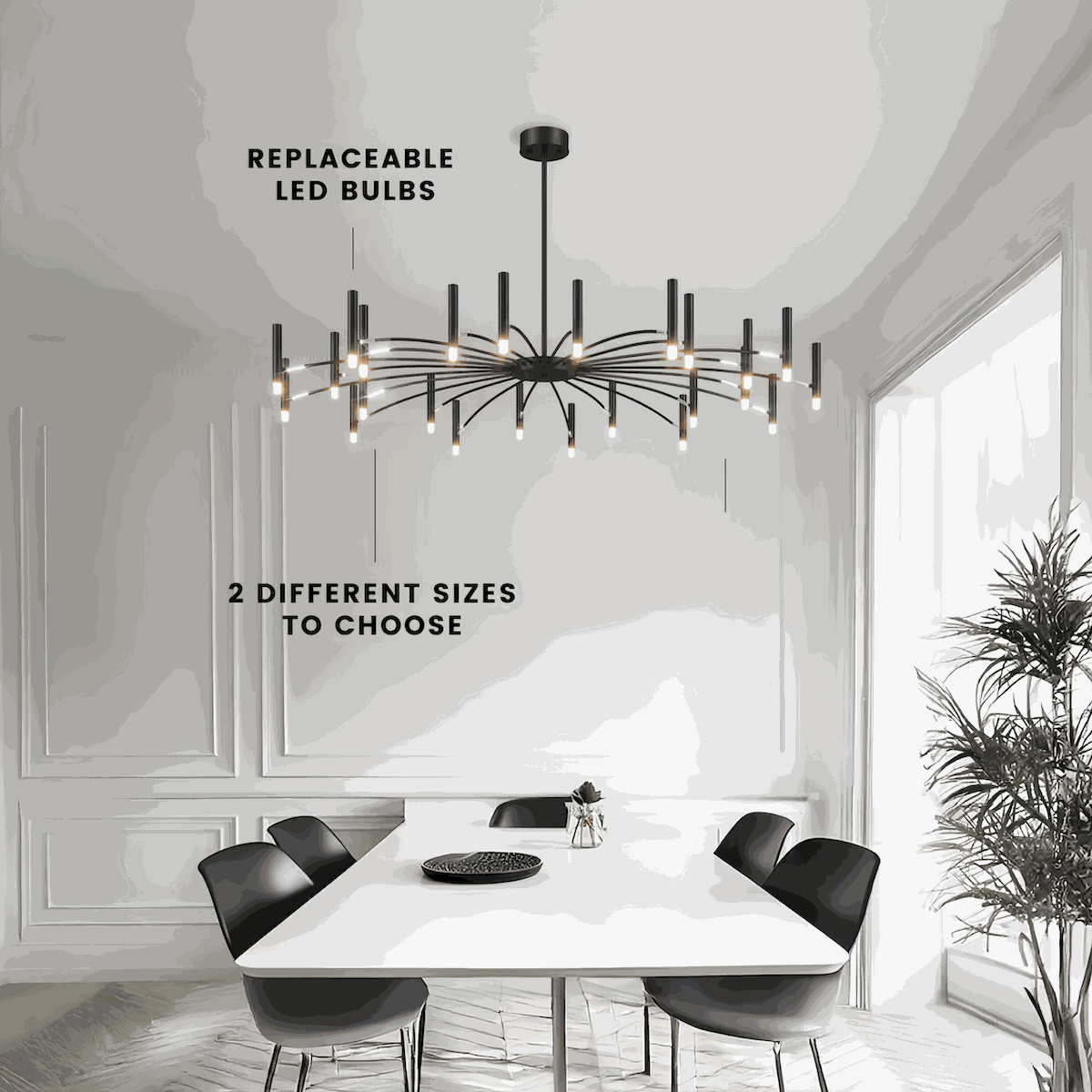 Modern black dining room chandelier with replaceable LED bulbs and adjustable design in a bright minimalist dining space
