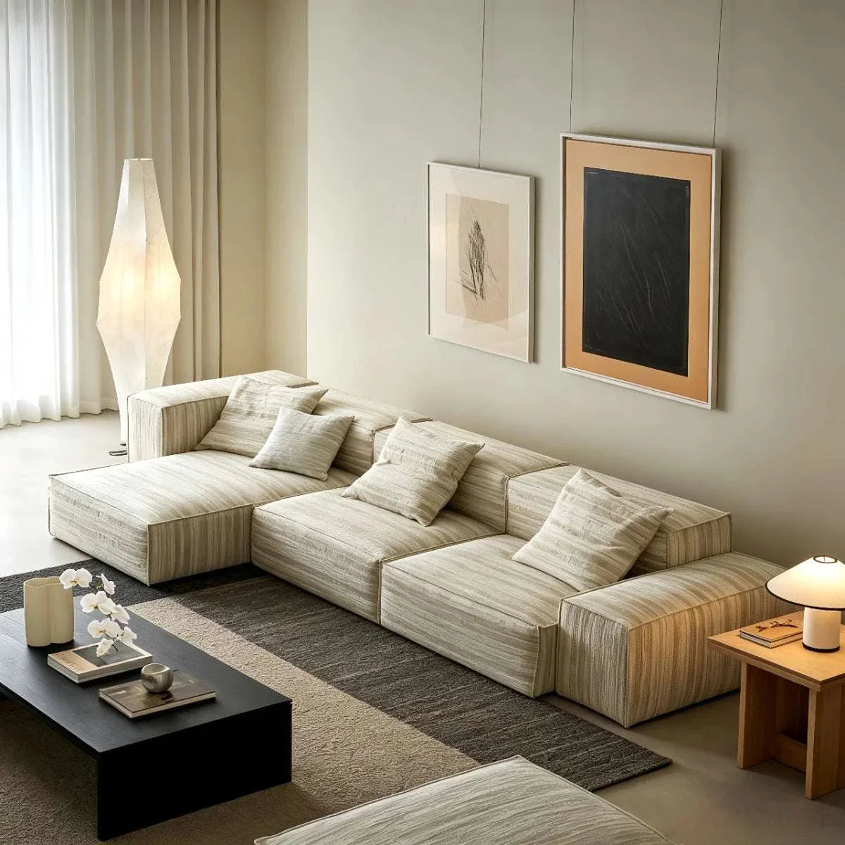 Chenille fabric modular straight sofa with double-sided washable covers in minimalist living room setting