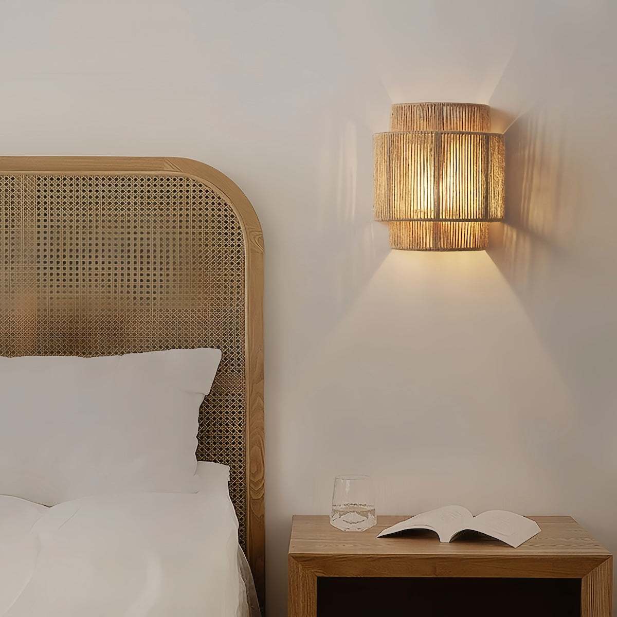 Vintage Wabi-Sabi wall lamp with natural jute rope shade and warm LED lighting for rustic bedroom décor