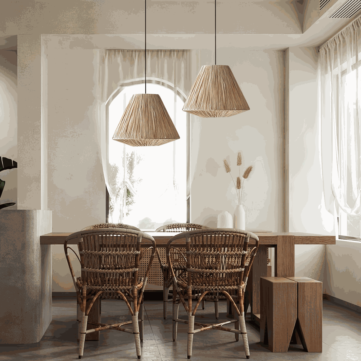 Handwoven rattan pendant light with warm ambient glow for bedroom, dining, and bar settings