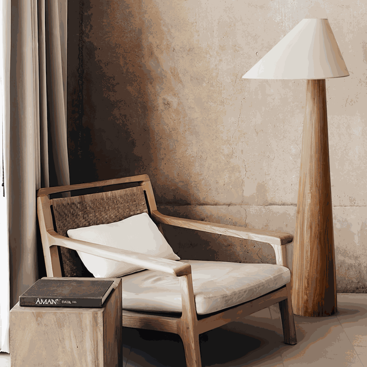 Wabi-Sabi solid wood floor lamp with fabric shade and warm ambient lighting for living room and study