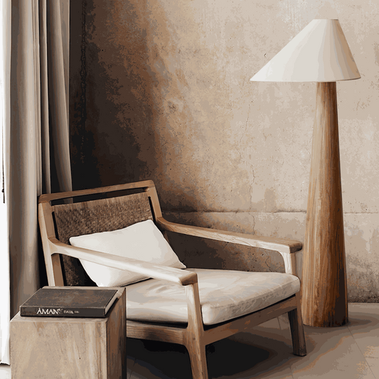 Wabi-Sabi solid wood floor lamp with fabric shade and warm ambient lighting for living room and study