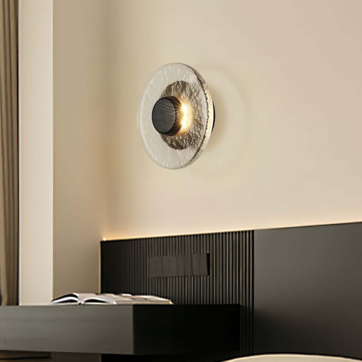 Vintage handcrafted glass wall light with rippled clear glass shade and white wax wood accents