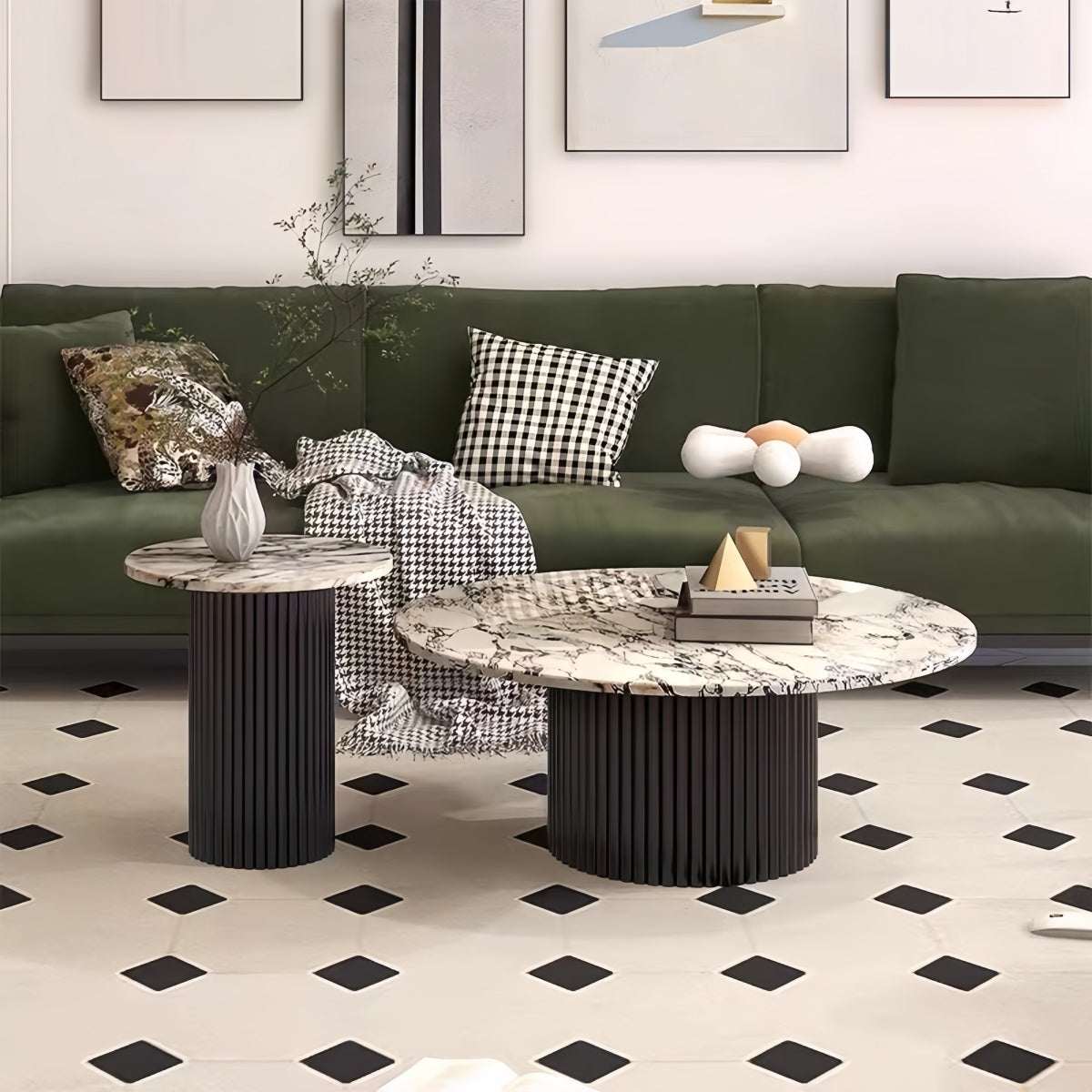 Elegant marble coffee table with grooved cylindrical base and spacious round top, ideal for modern living rooms.