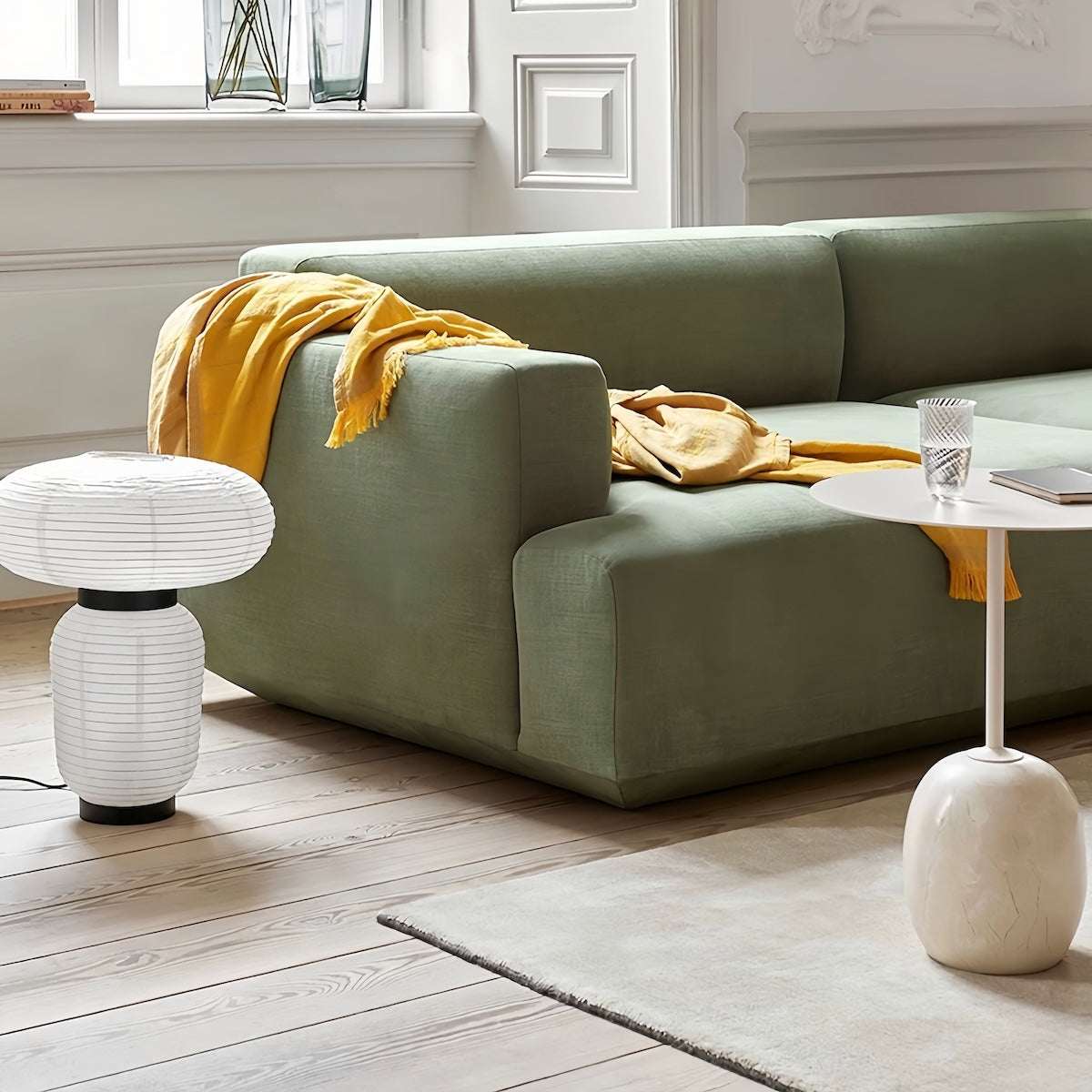 Minimalist round marble coffee table with walnut base for living and bedroom decor