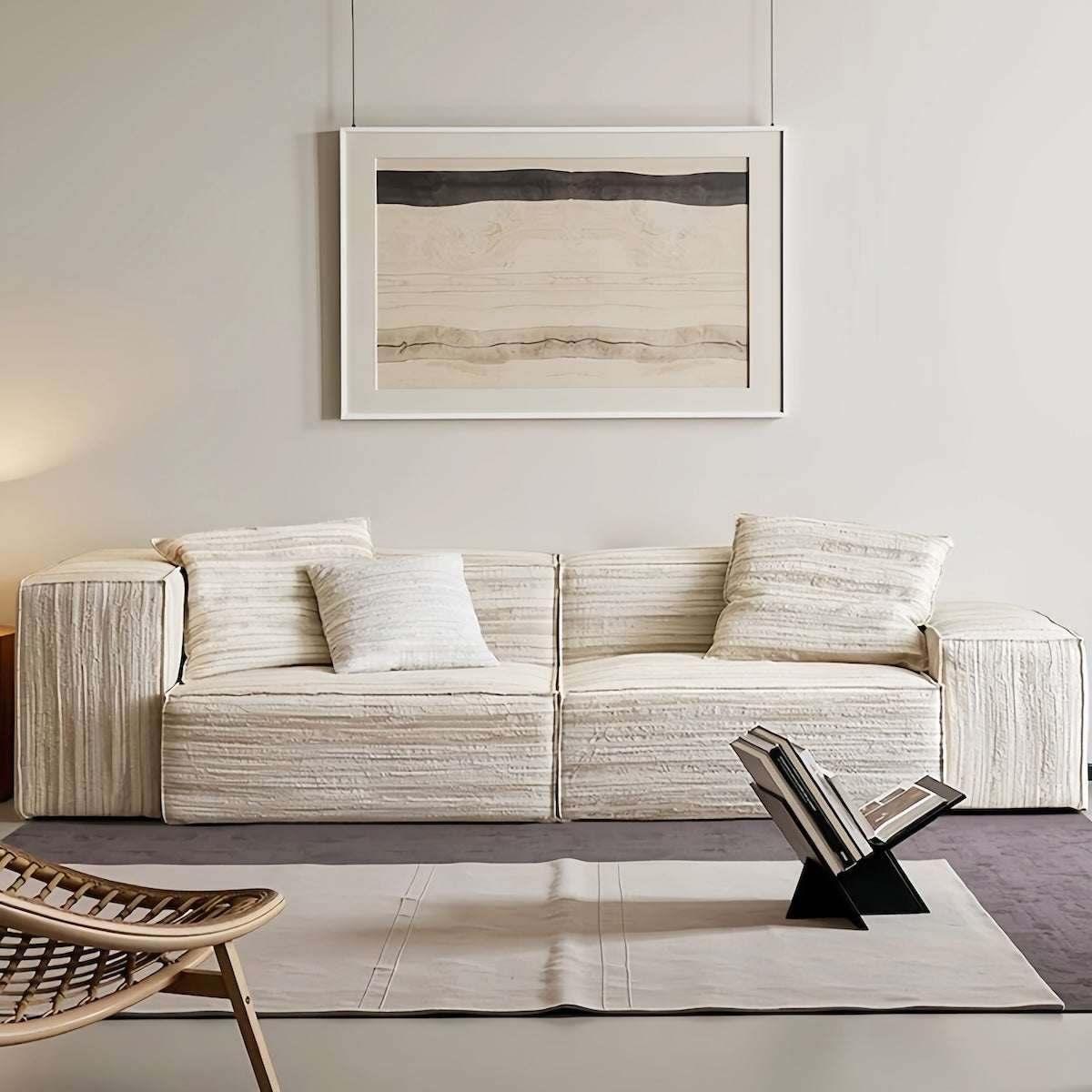 Chenille fabric modular straight sofa with double-sided washable covers in minimalist living room setting
