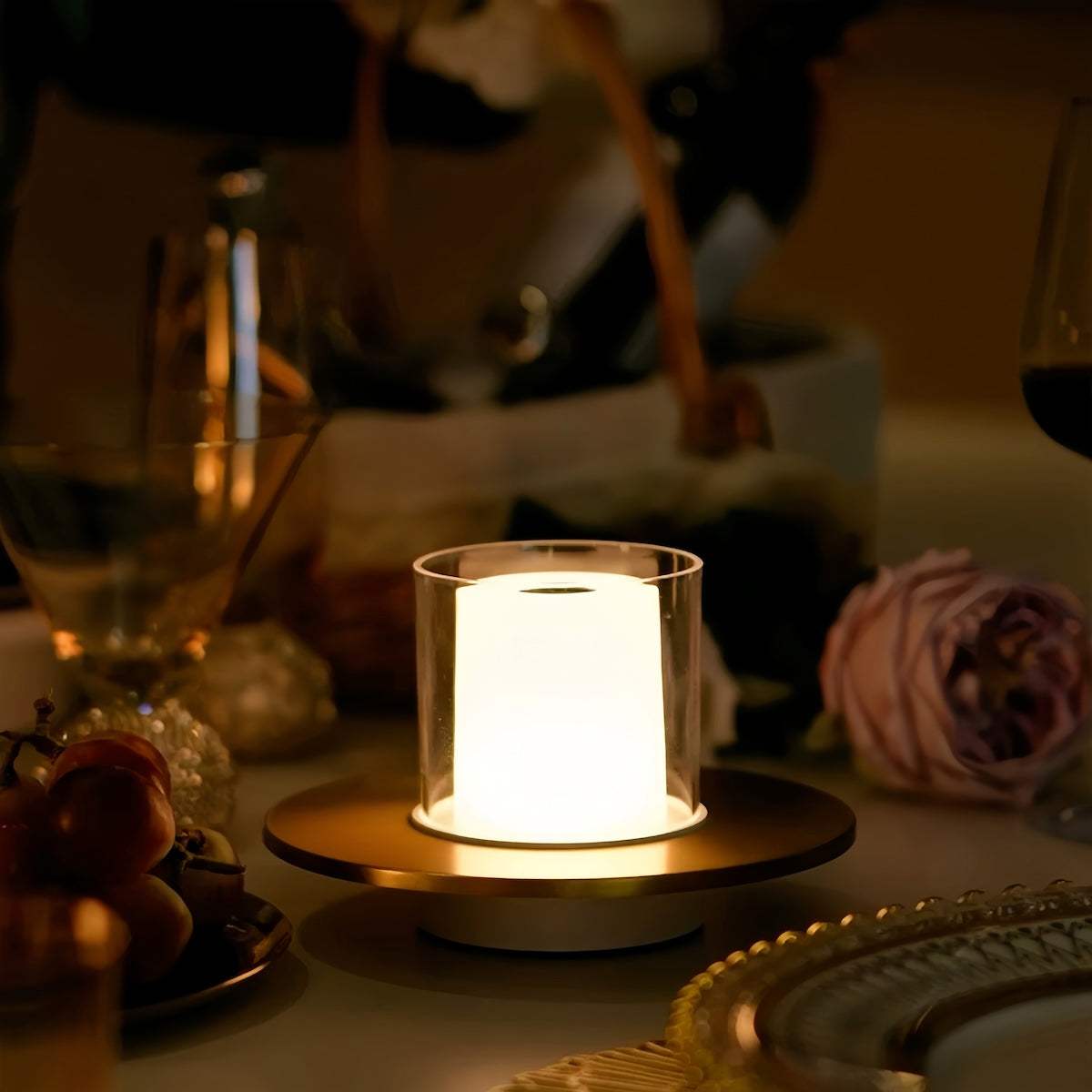 Rechargeable ambience night lamp with warm flickering glow for indoor and outdoor dining ambiance