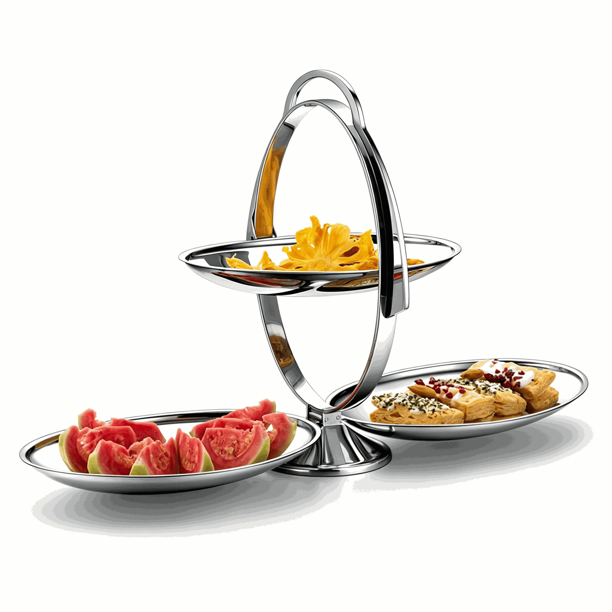 Foldable 3-tier stainless steel serving tray with modern glossy finish for fruits and snacks