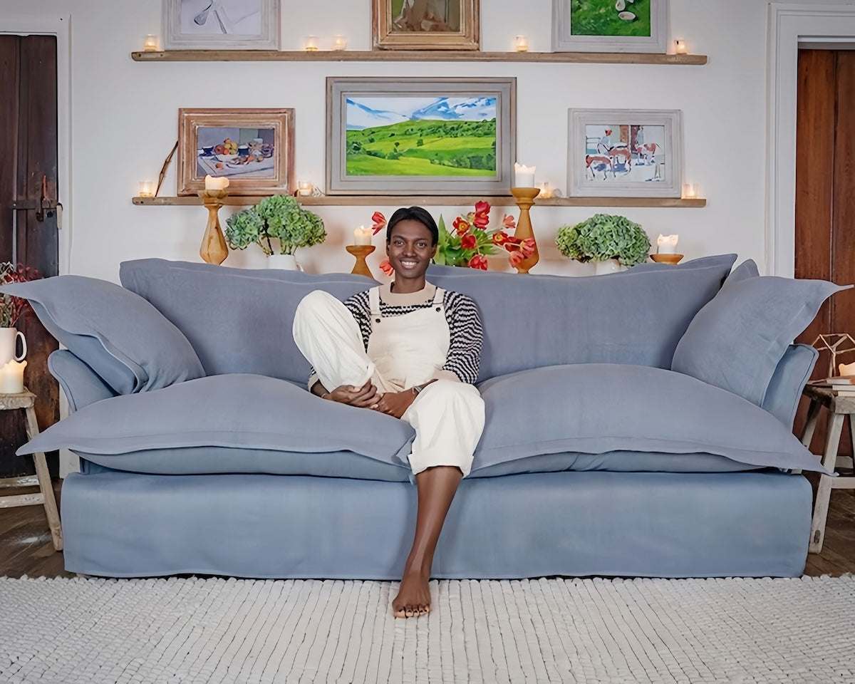 2-seater washable fabric cloud sofa with Nordic-Japanese design and ultra-soft down filling