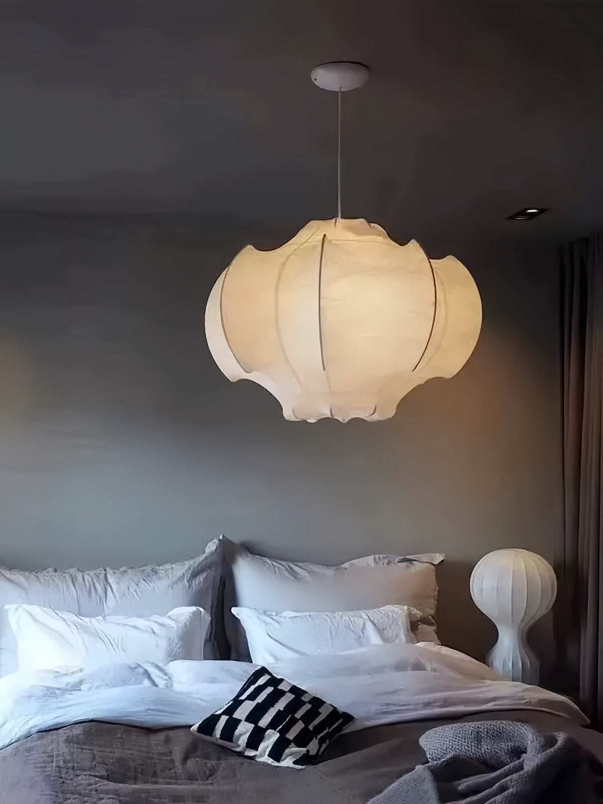 Bedroom silk pendant light with vintage French Wabi-Sabi design and soft warm silk shade
